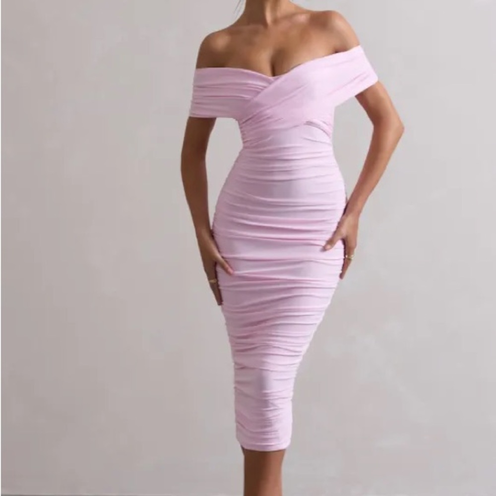 One-Shoulder Ruched Midi Dress in Blush Pink